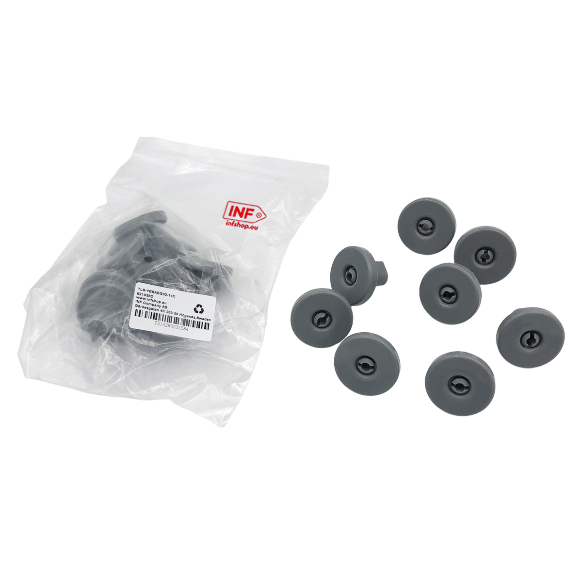 Szare kółka do zmywarki, niektóre w torbie, niektóre obok.