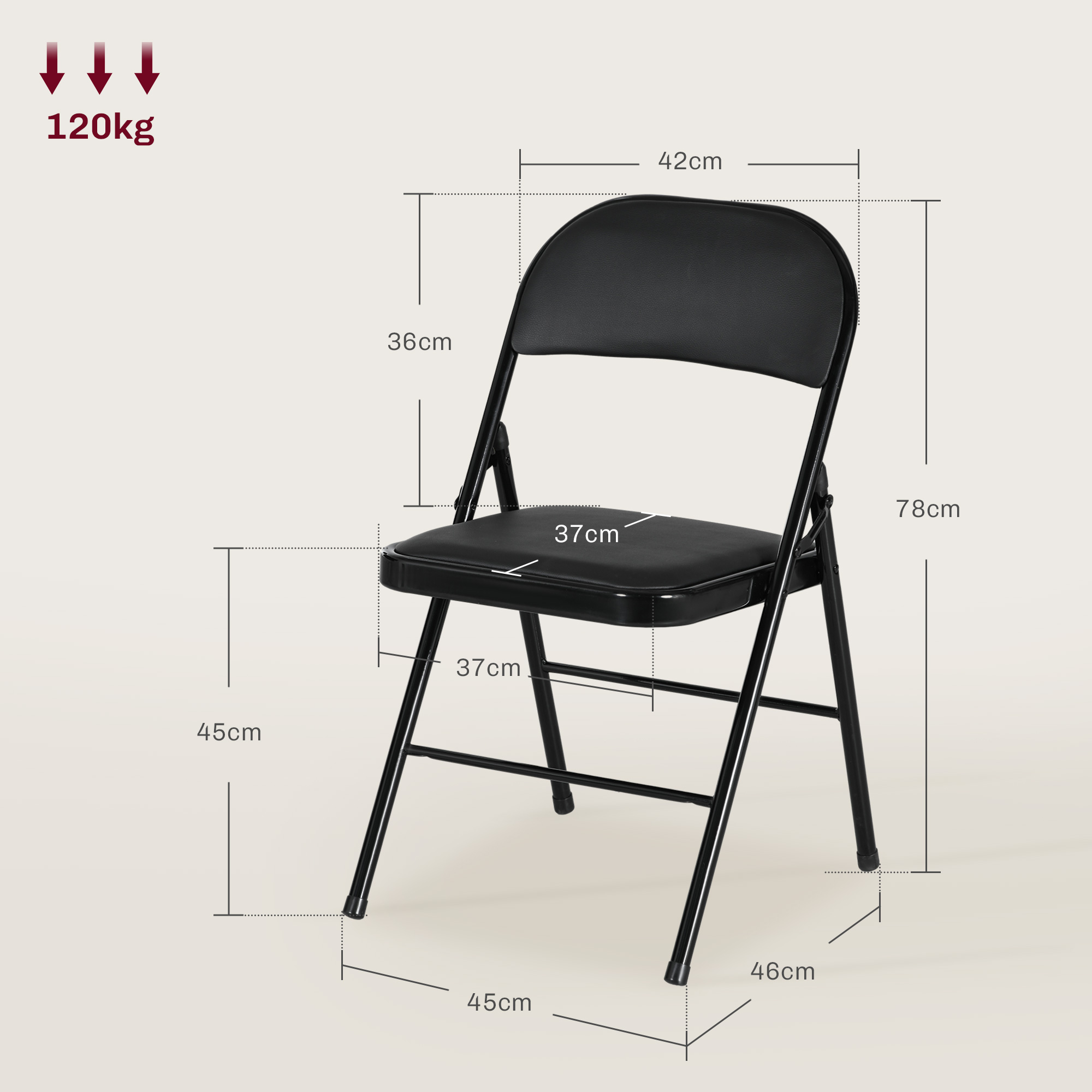 Silla plegable negra con dimensiones: 78cm alto, 42cm ancho, 45cm fondo.