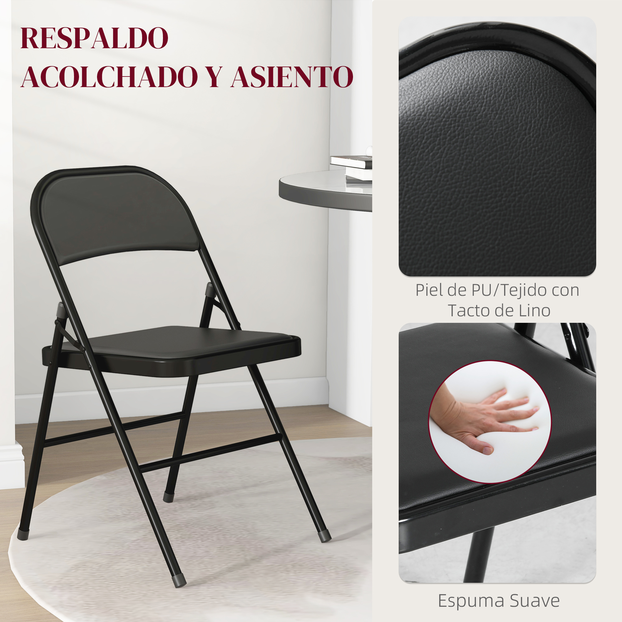 Una silla plegable negra de cuero sintético acolchado con marco metálico.