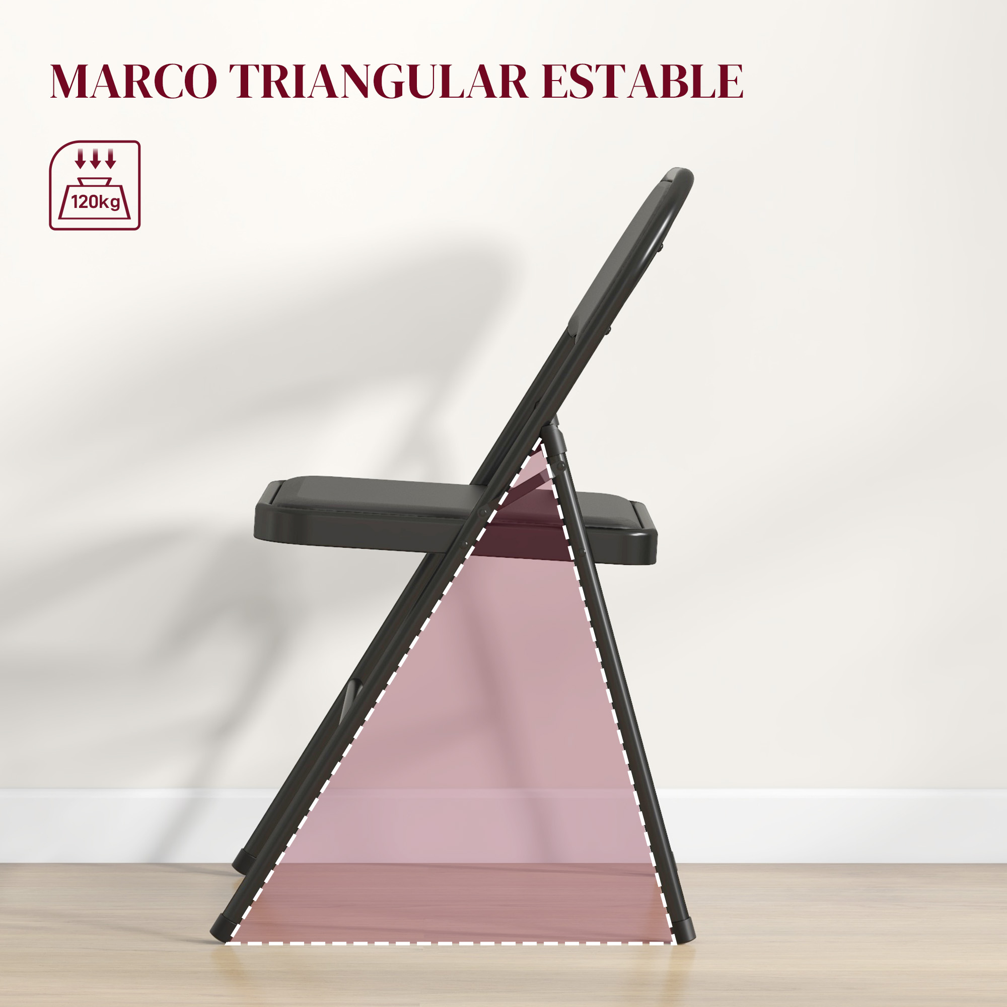 Silla plegable negra con estructura de soporte triangular, capacidad 120 kg.
