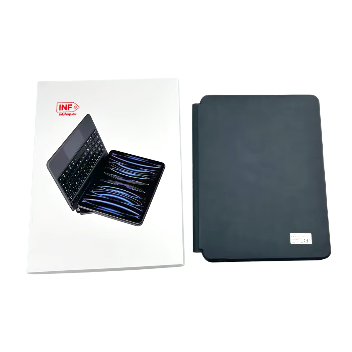 Ein Tablet mit Tastaturhülle und einer separaten schwarzen Hülle.