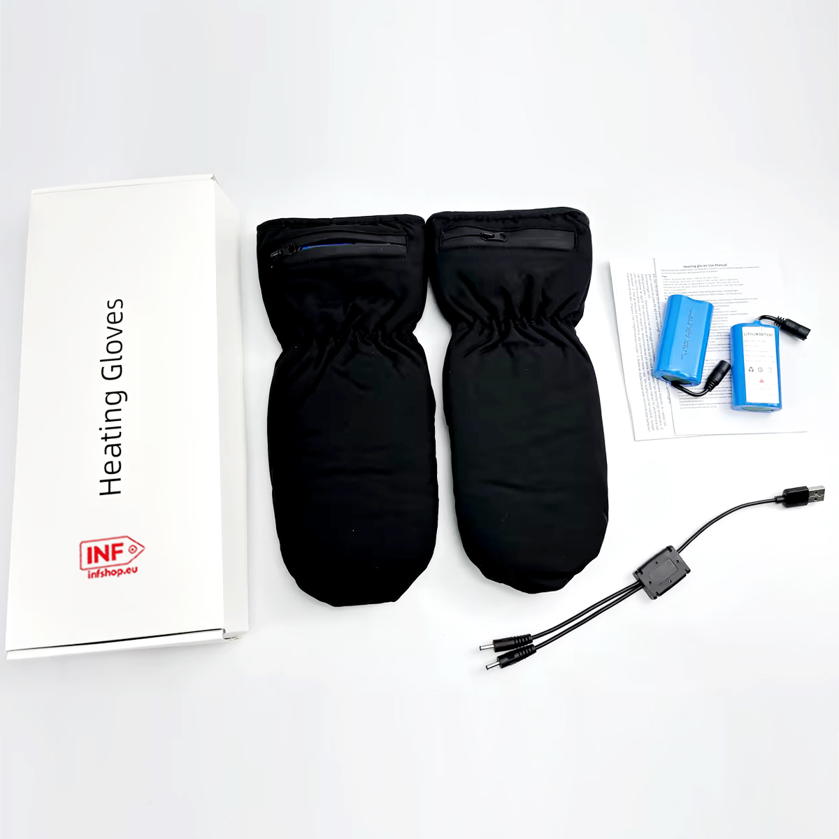 Guanti riscaldati neri, scatola, due batterie blu, manuale e cavo USB su sfondo bianco.