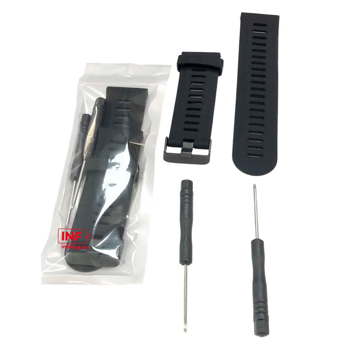 Czarne paski do zegarków i dwa śrubokręty ułożone na białym tle.