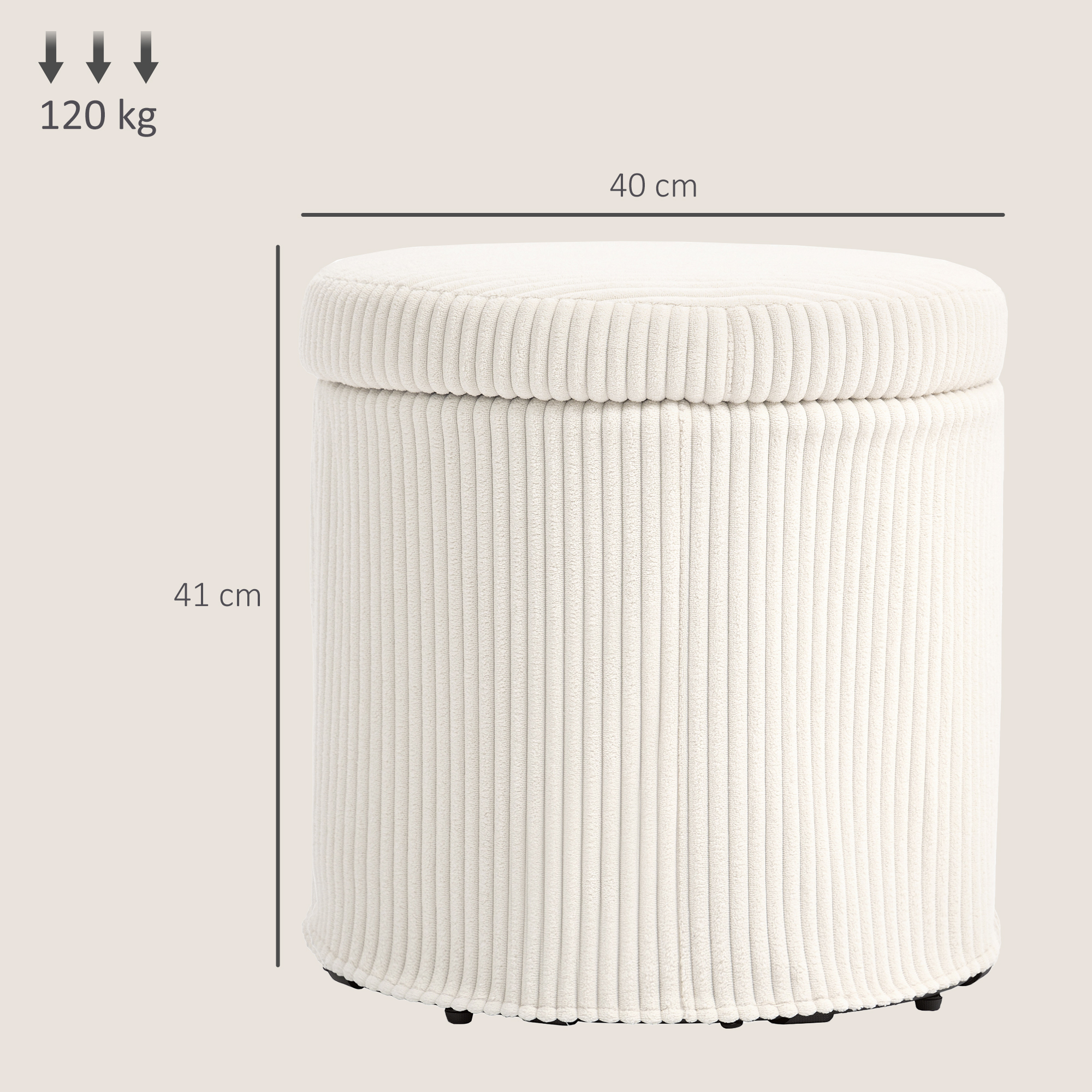Un otomana color crema con textura acanalada, 40x41cm, carga máx. 120kg.
