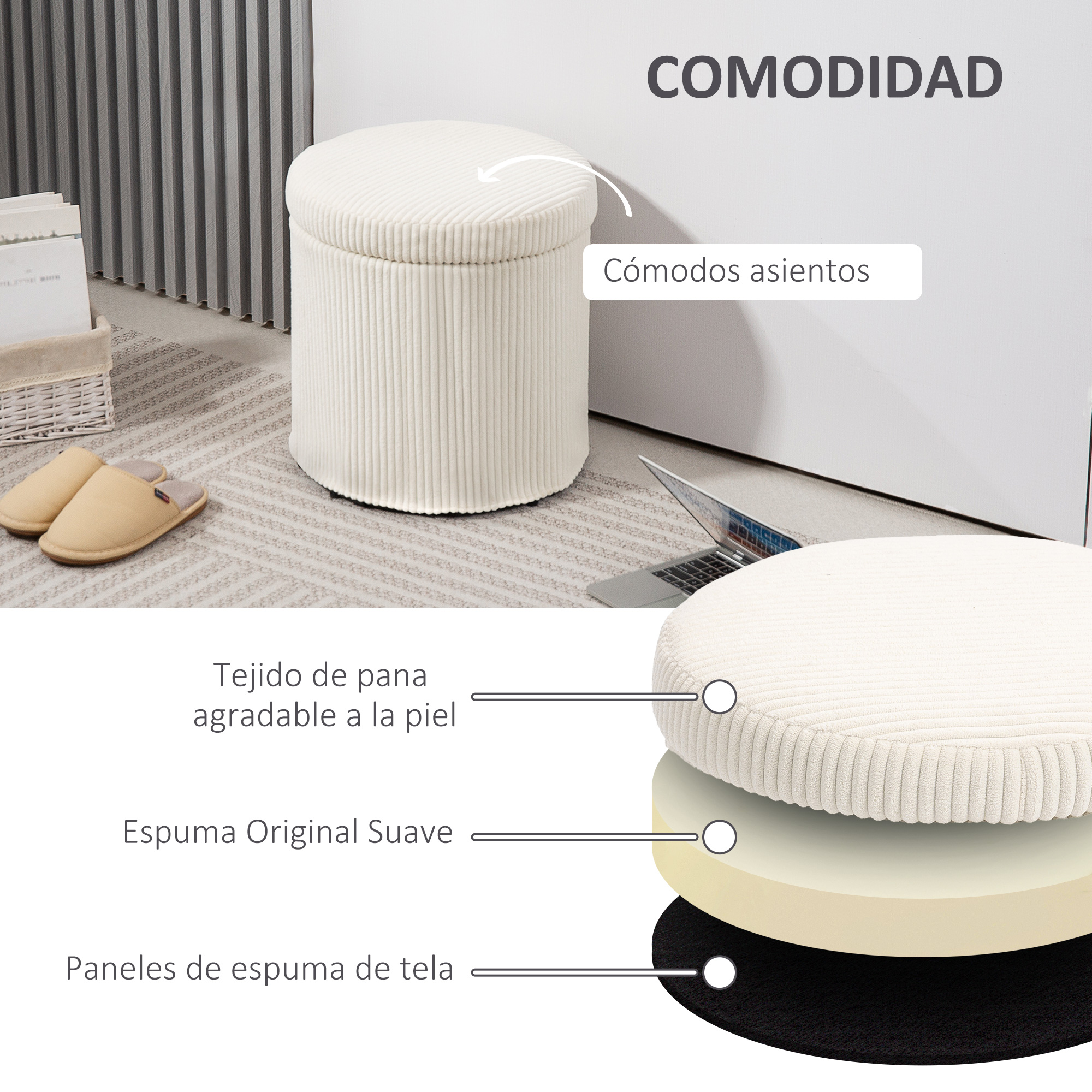 Un otomana color crema con textura acanalada, destacando la comodidad.