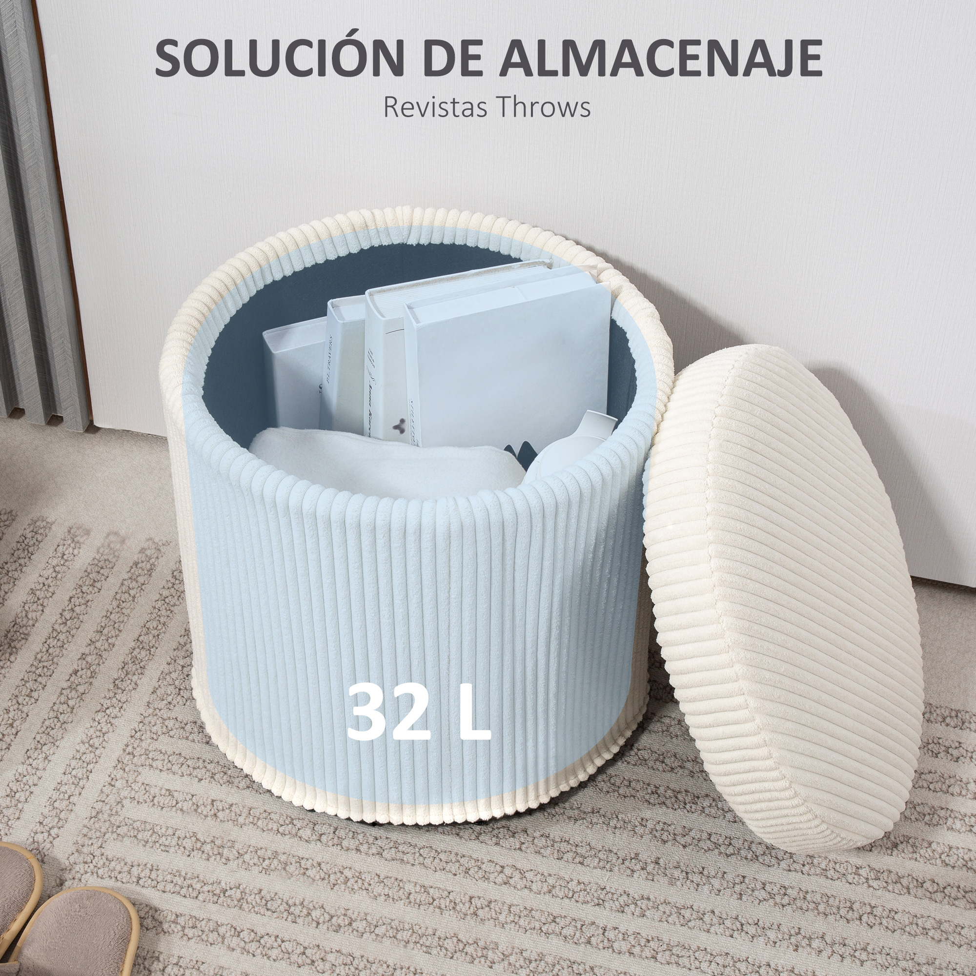 Un otomano de almacenamiento azul claro con tapa, que contiene libros y una manta.