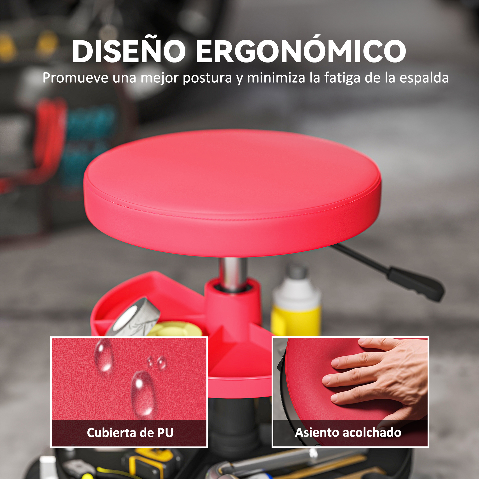 Taburete rojo de PU con herramientas y líquidos al fondo.