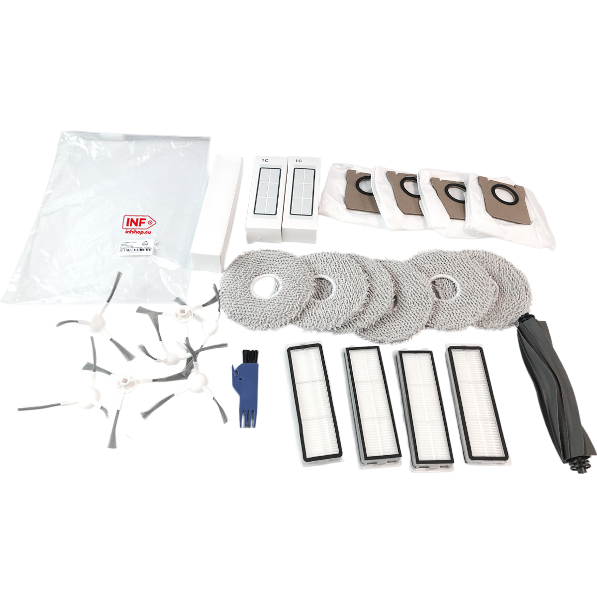 Akcesoria do odkurzacza robota: szczotki, filtry, mopy, worki na kurz, narzędzie do czyszczenia.