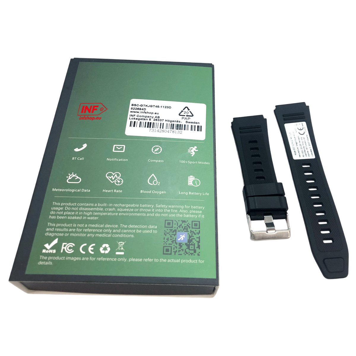 Smartwatch packaging with two black watch straps, specs and icons.