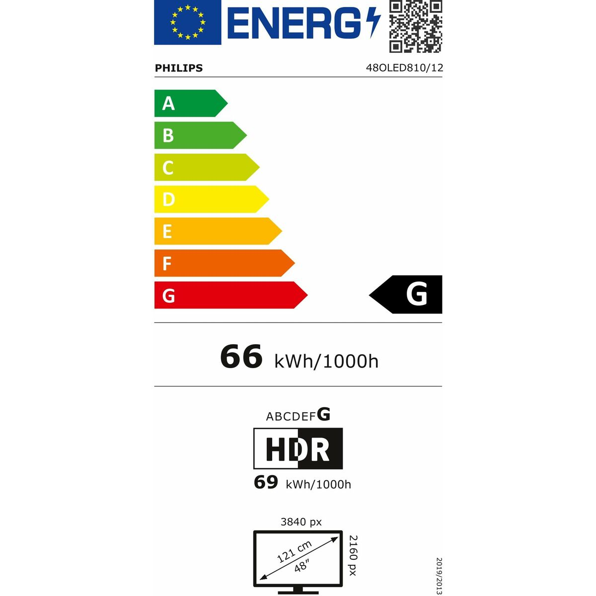 Etykieta energetyczna TV Philips, klasa G, 66 kWh/1000h.