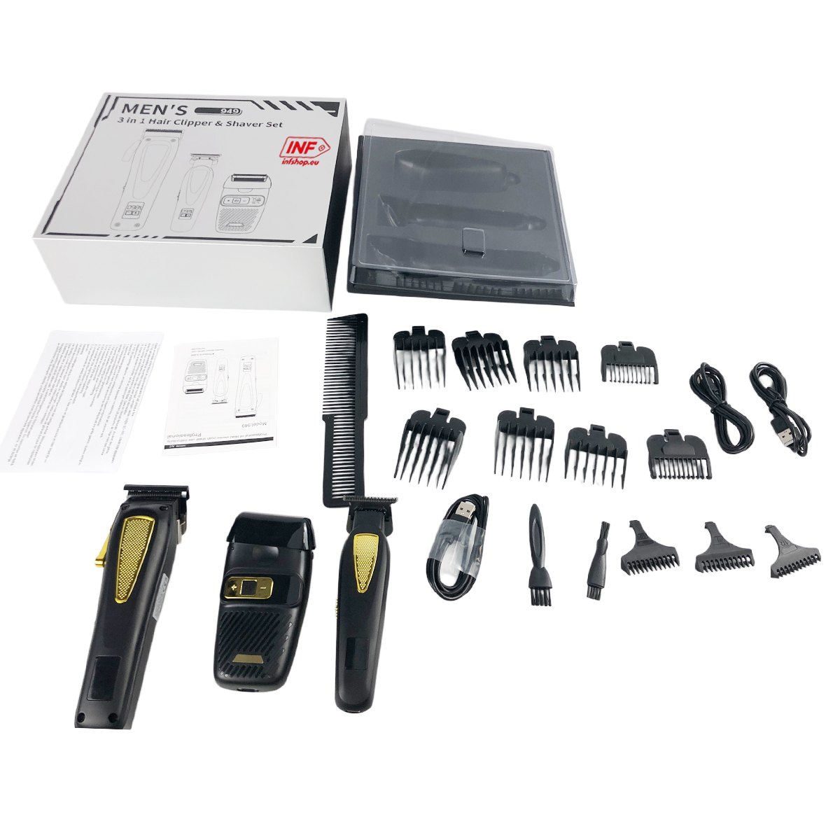 Ein Set von Haarschneidemaschinen und Zubehör, einschließlich Kämme, Klingen und Kabel.