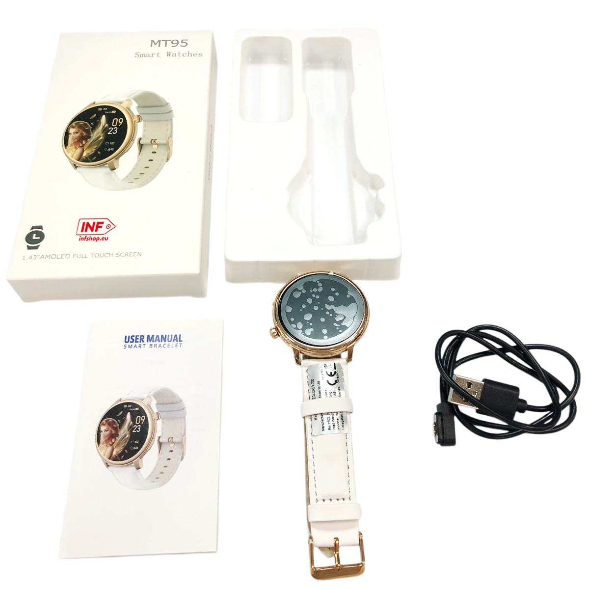 A white smartwatch set with box, manual and charging cable on a white background.