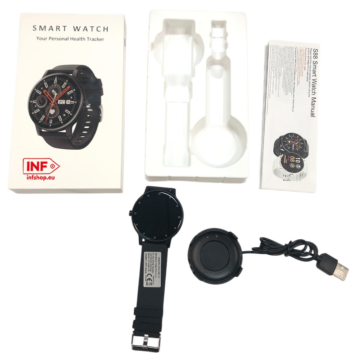 A smartwatch package with watch, charger, and manual on a white background.