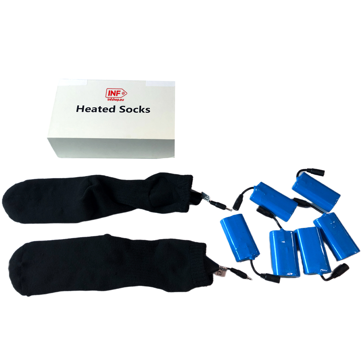 Czarne skarpety z bateriami i pudełkiem obok.