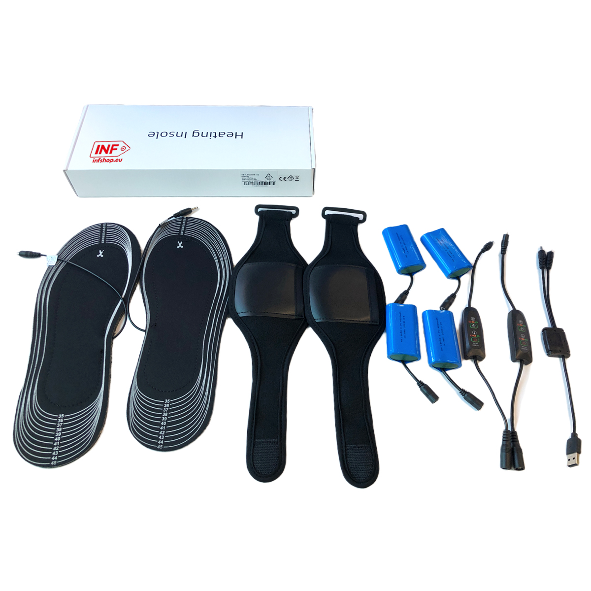 Podgrzewane wkładki, paski, baterie, kable i pudełko.