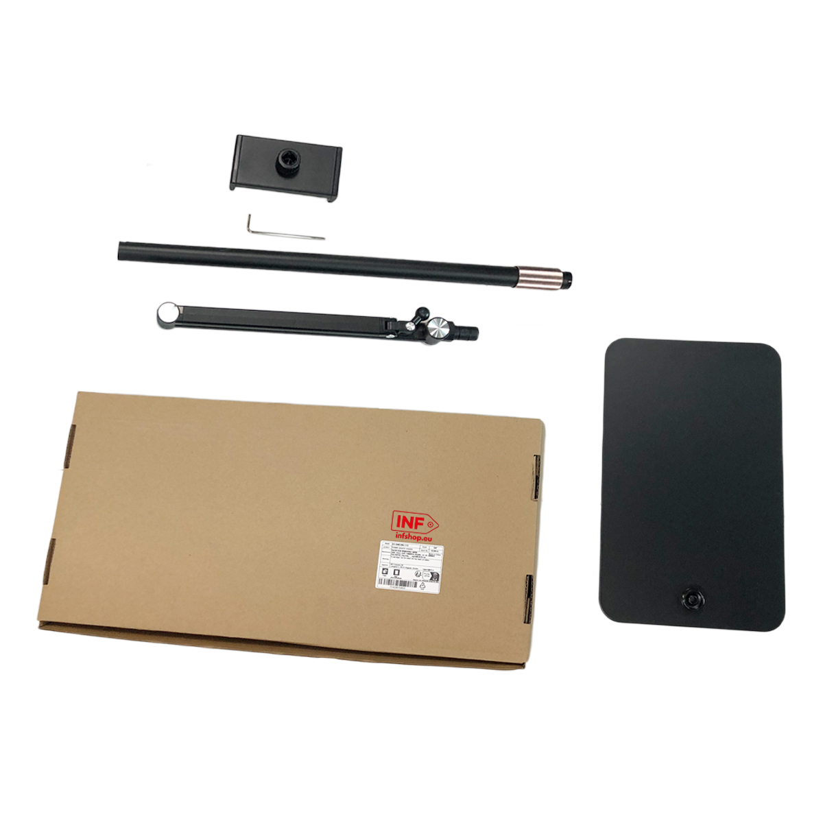 Czarny prostokąt, długa tyczka, zacisk, klucz L i brązowe pudełko.