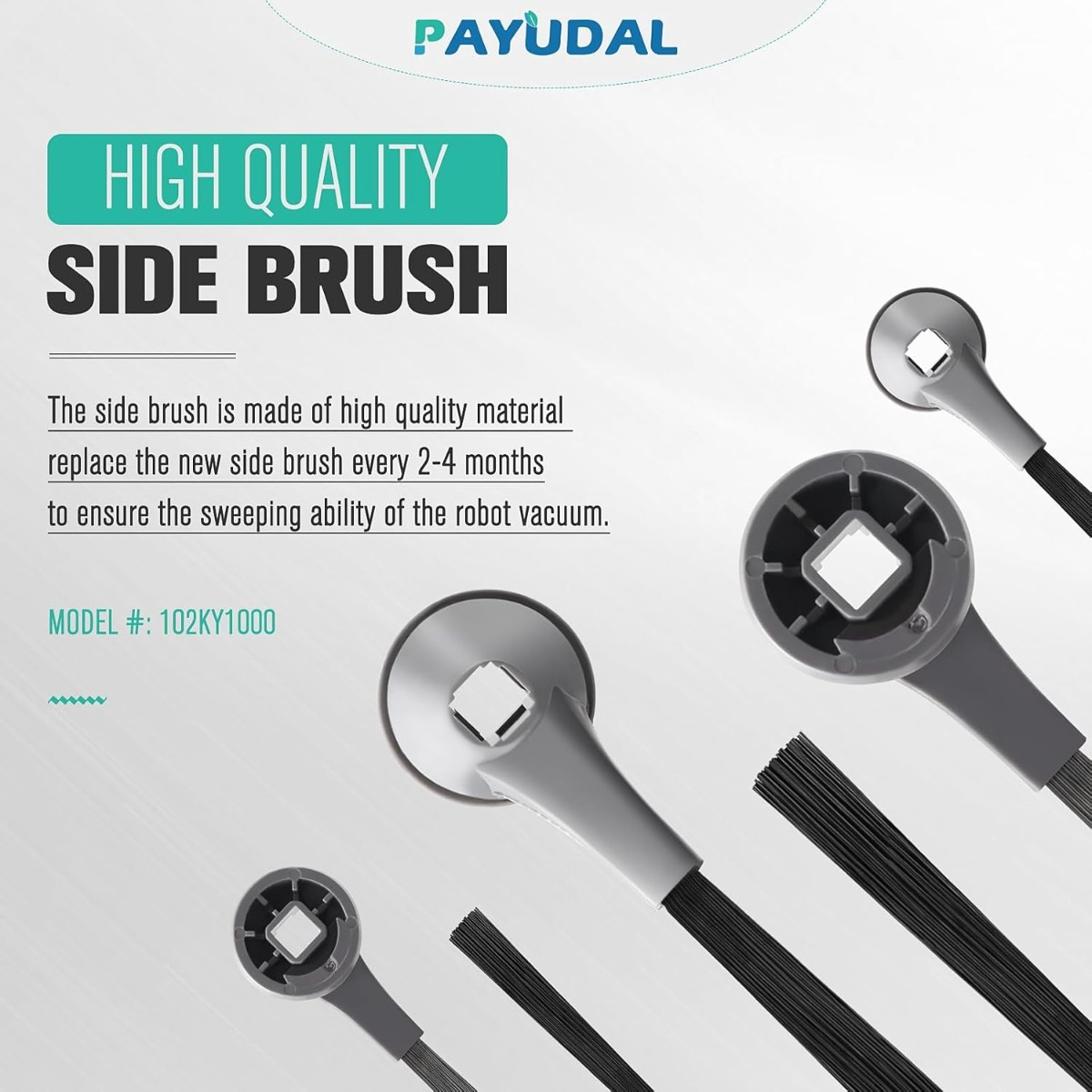 Trois brosses latérales grises pour aspirateur robot avec poils noirs sur fond blanc.
