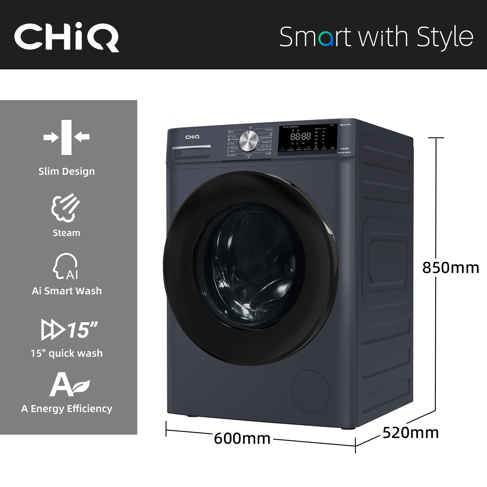 Lave-linge CHIQ gris foncé avec porte et panneau noirs. Dimensions 850x600x520mm.