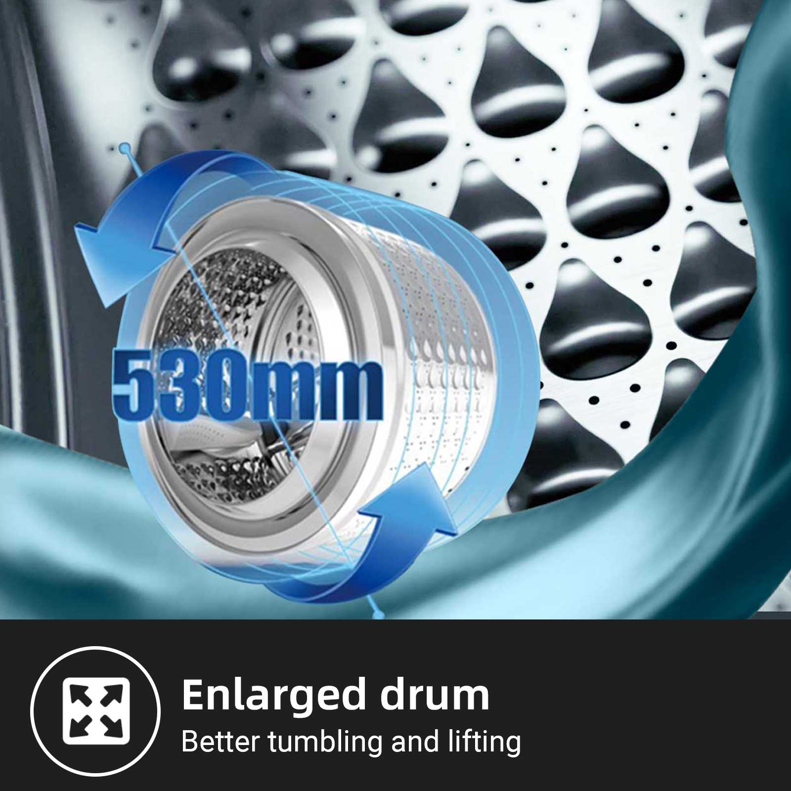 Gros plan d'un tambour de machine à laver avec une dimension de 530 mm mise en évidence.