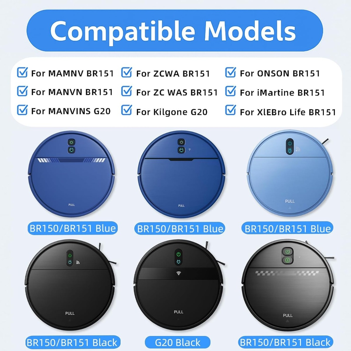 Six aspirateurs robots : trois bleus et trois noirs.