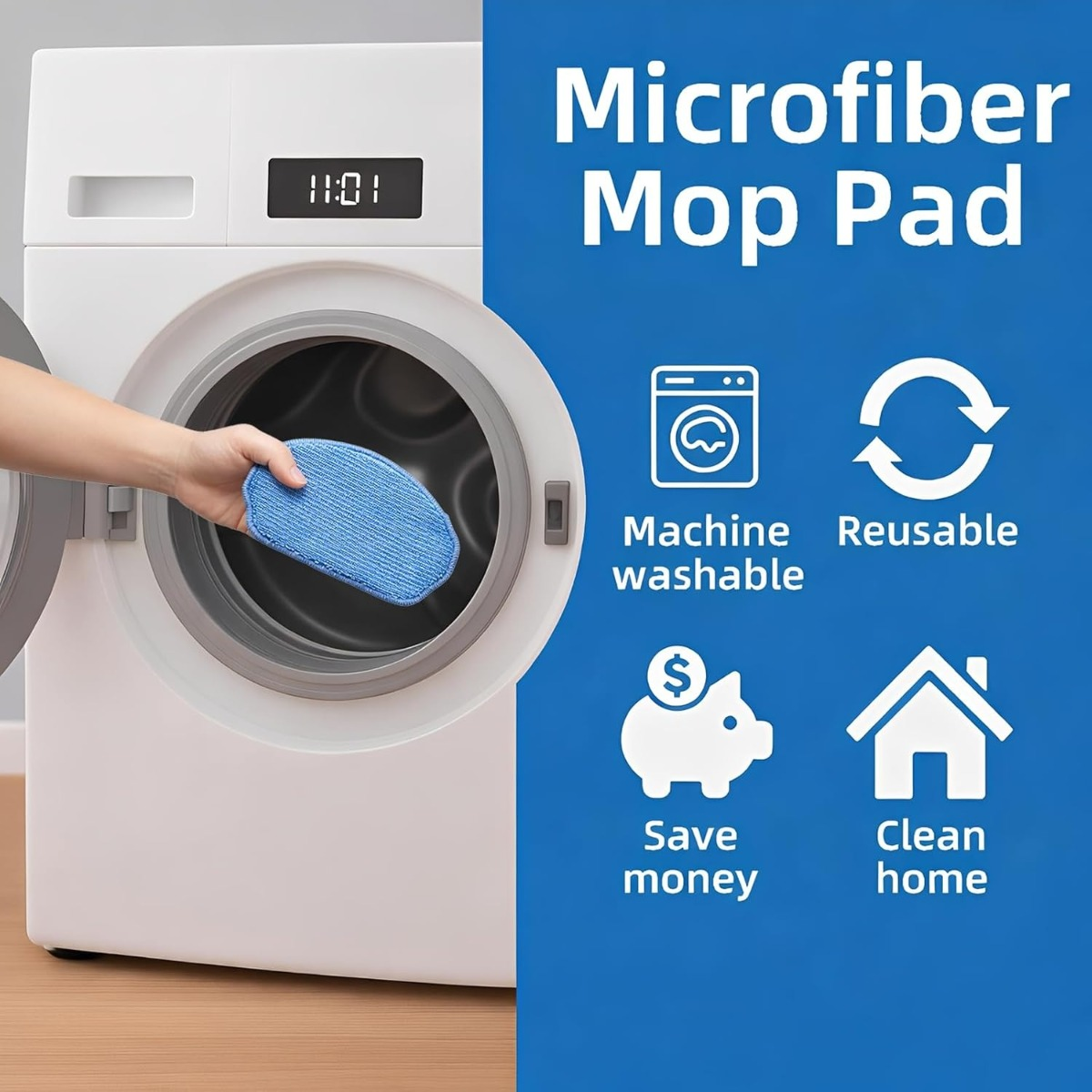 Un balai-serpillère en microfibre bleu est placé dans une machine à laver.