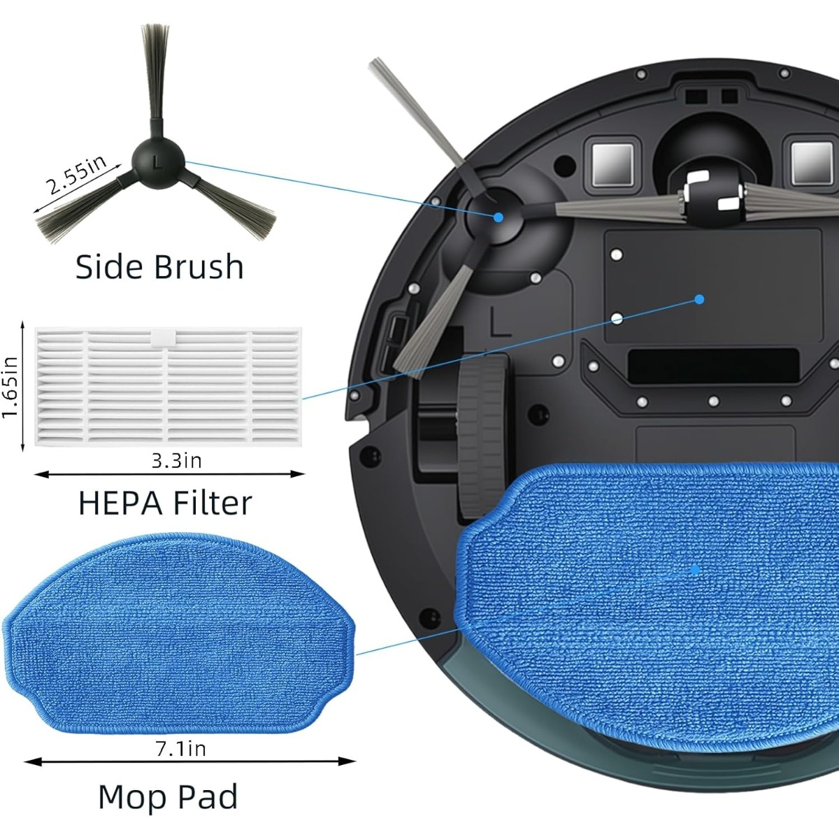 Dessous d'un aspirateur robot montrant les brosses latérales, le filtre HEPA et la lingette.