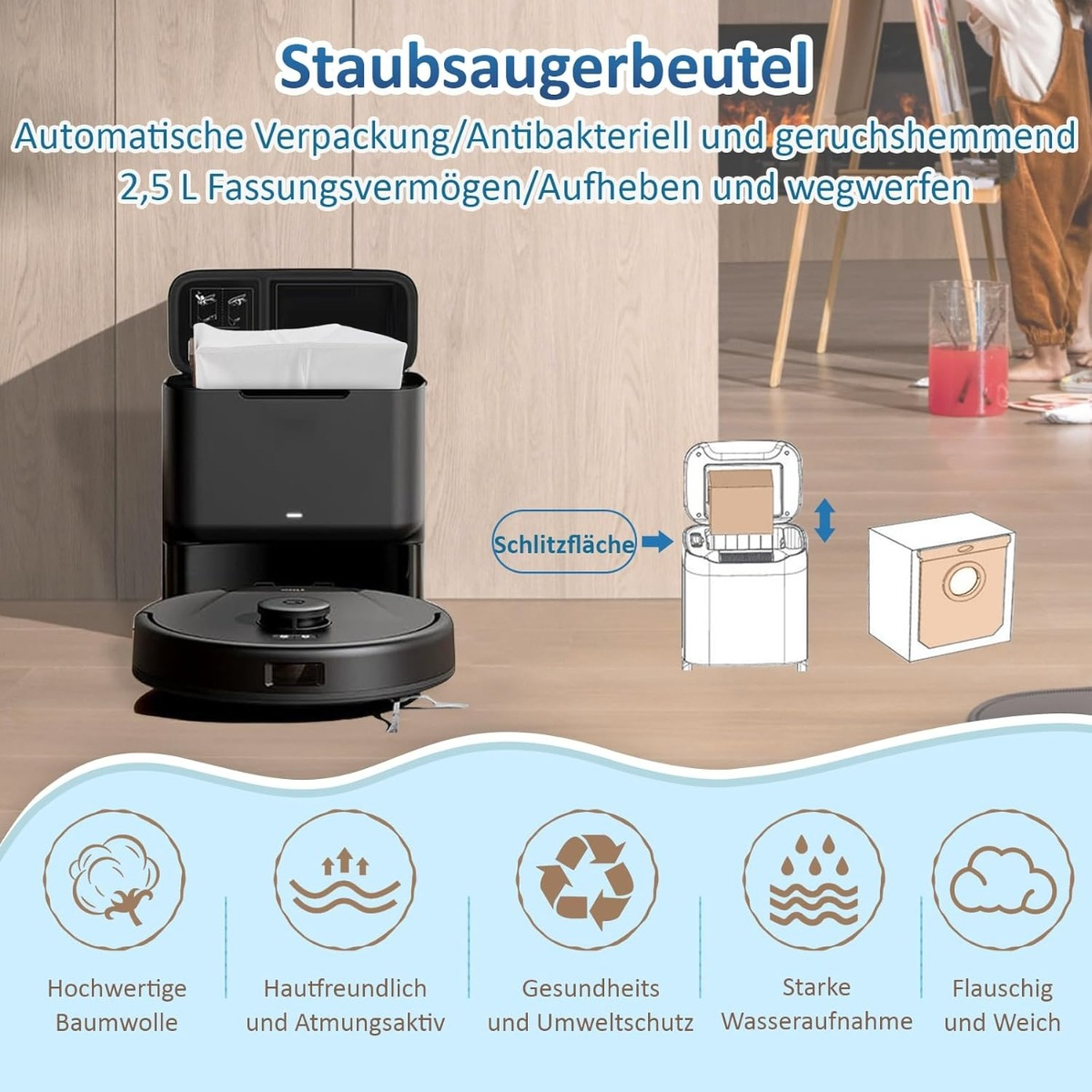 Robot aspirapolvere con dock, sacco polvere, icone: cotone, traspirante, riciclo, acqua, nuvola.