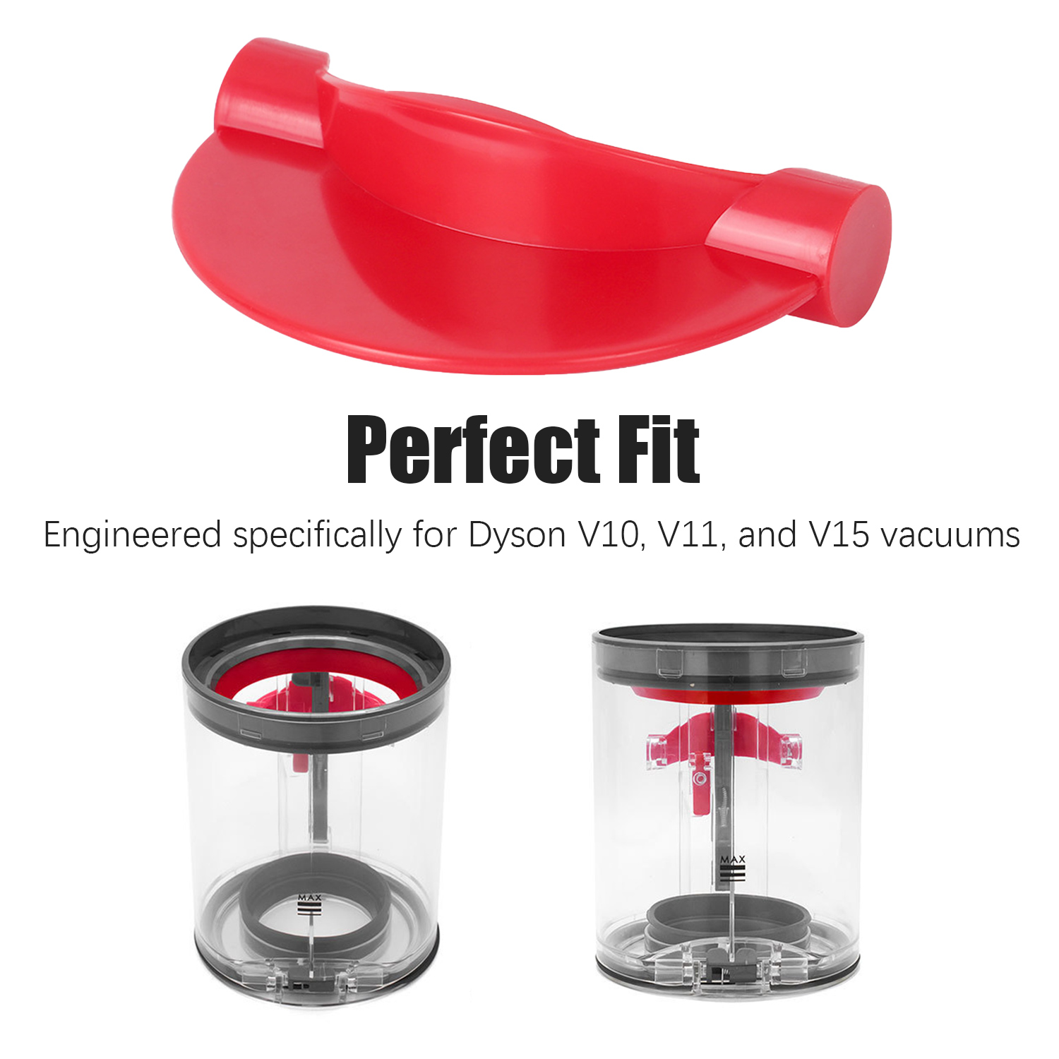 Red vacuum cleaner bin attachment and two transparent bins.
