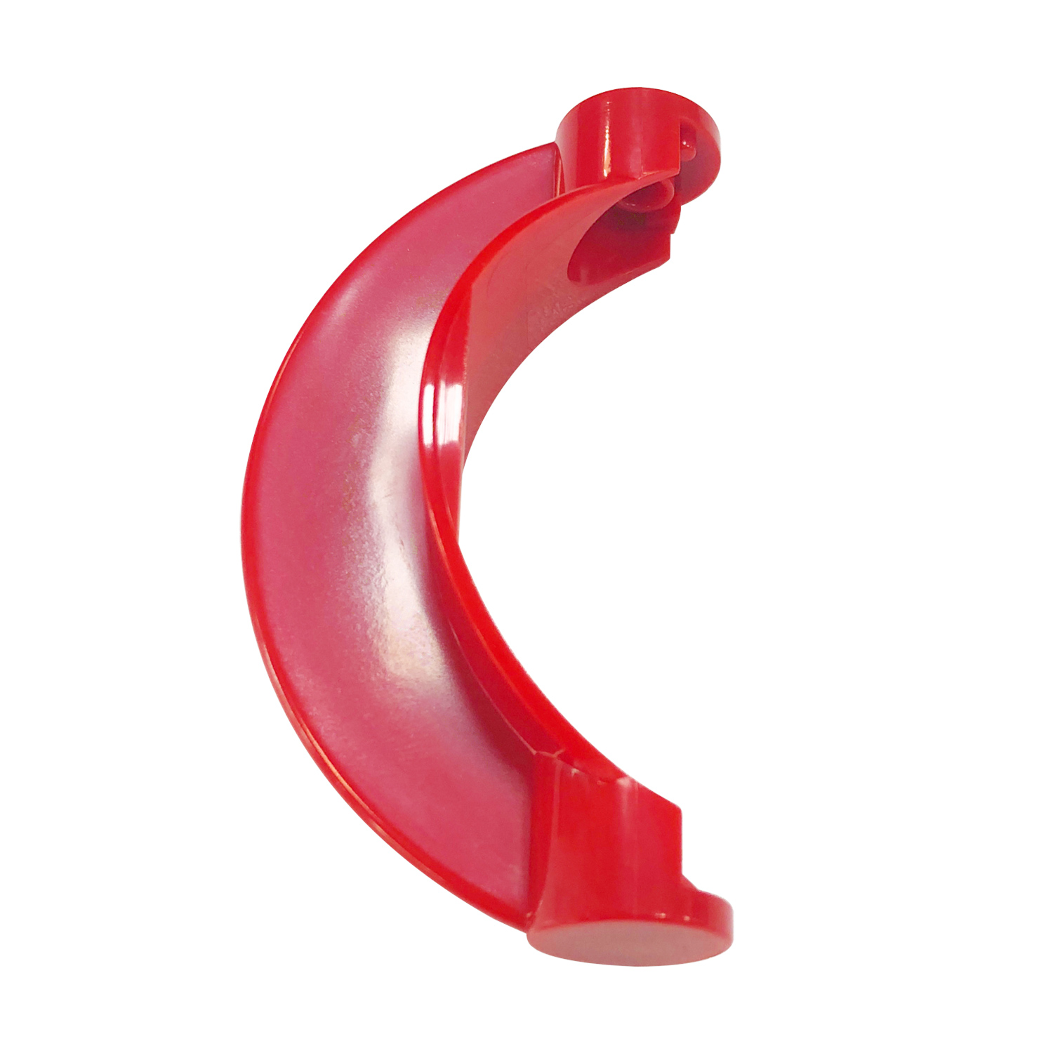 A red curved plastic piece with two spouts, resembling a ramp.