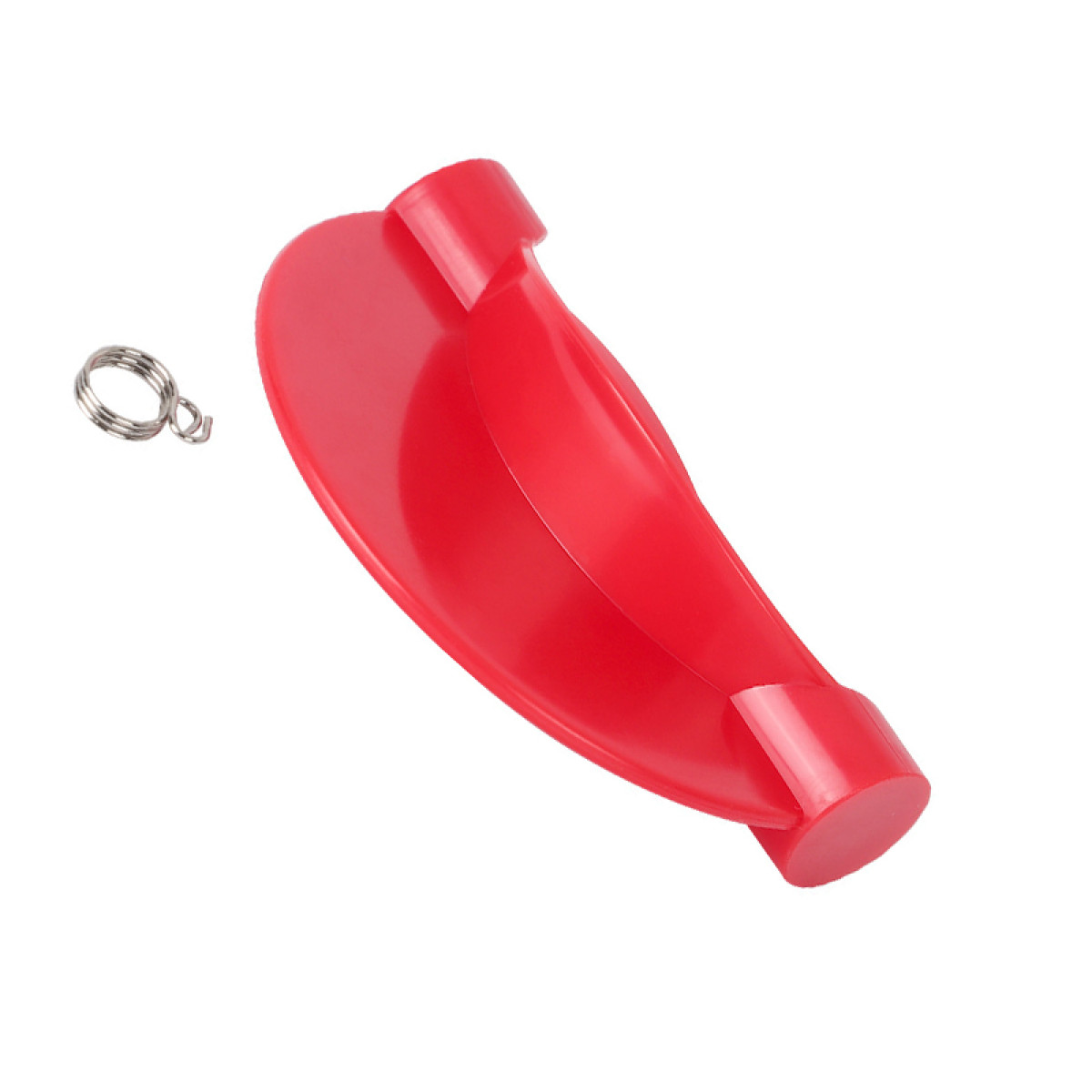 A red plastic funnel with a small metal ring next to it.