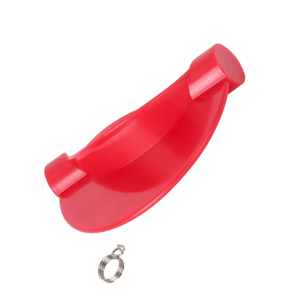 A red funnel-like object with a small metal ring beside it.