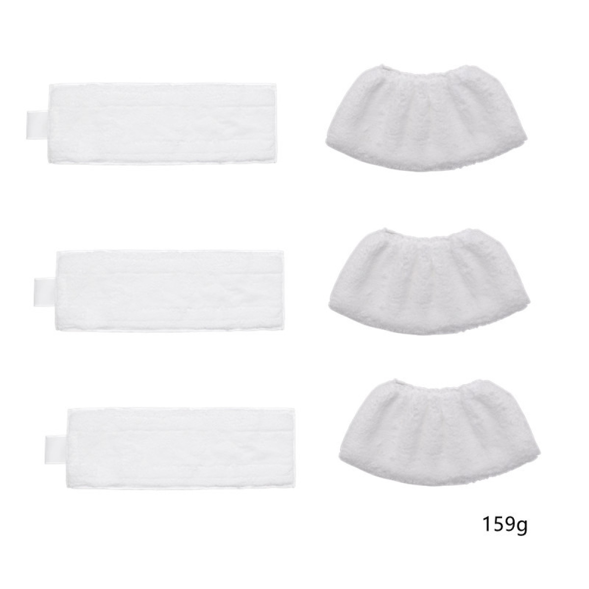 Trois tampons de serpillière rectangulaires blancs et trois brosses rondes.