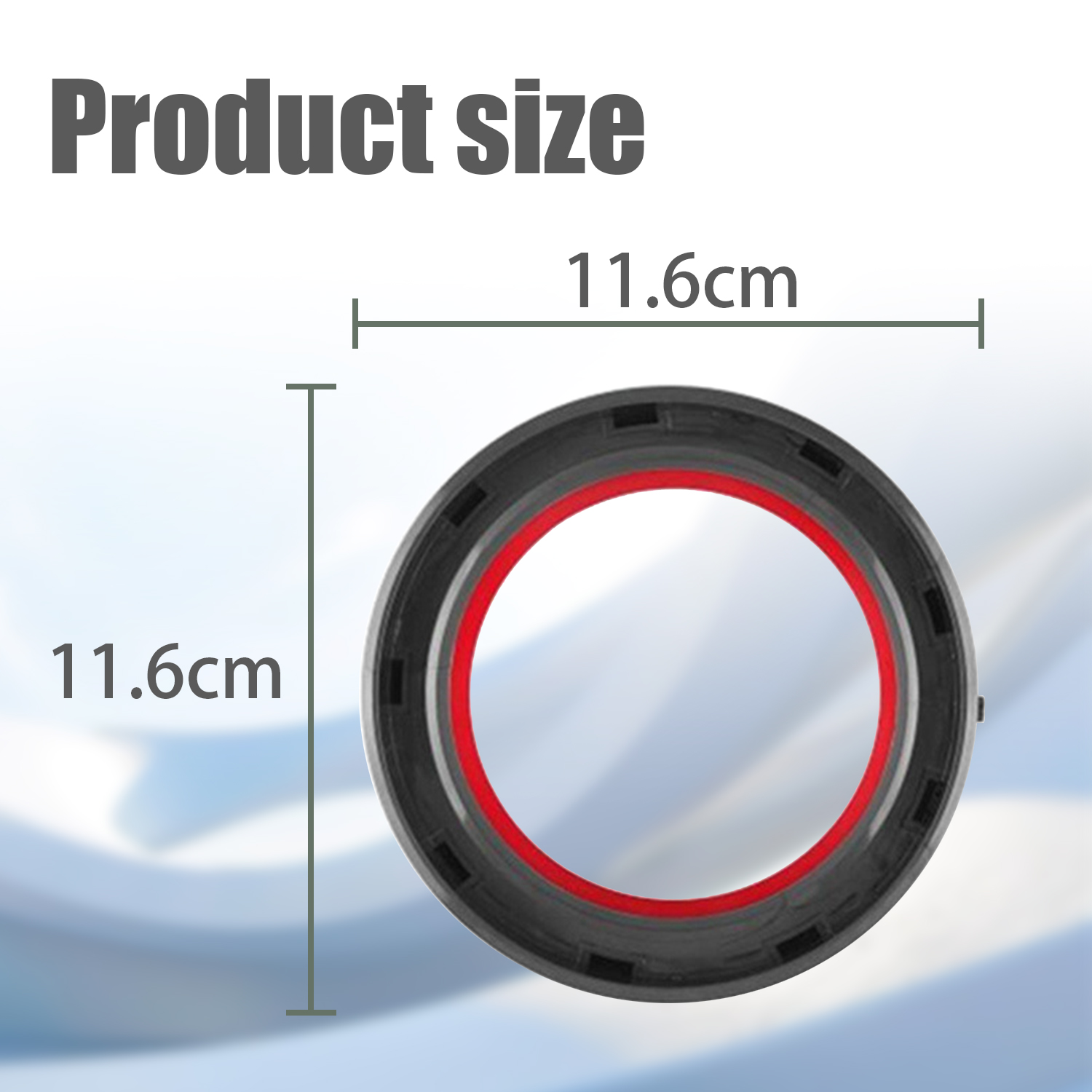 Productafmeting: 11,6 cm. Zwarte afdichting met rode rand.