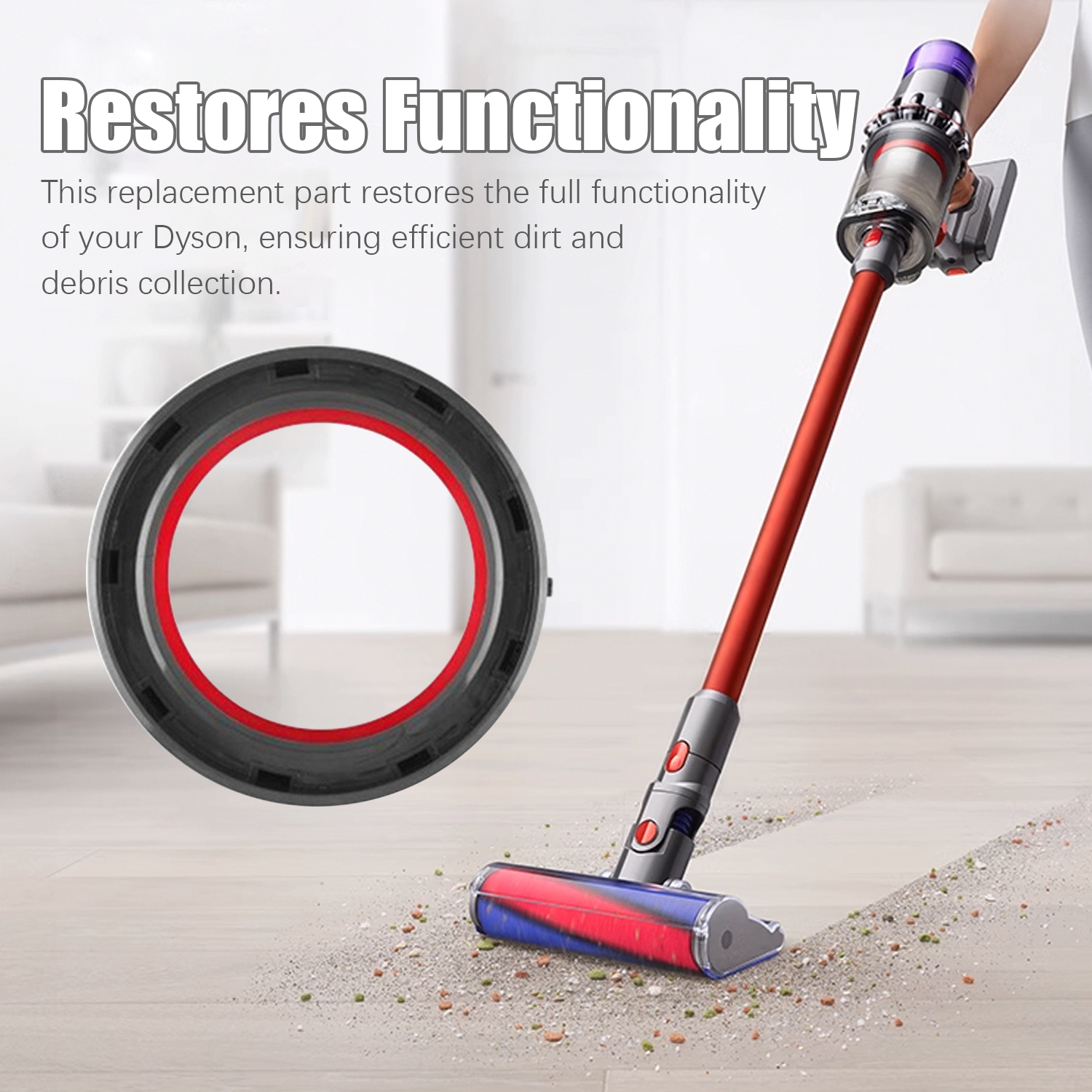 Een rode Dyson stofzuiger reinigt stof en vuil van de vloer.