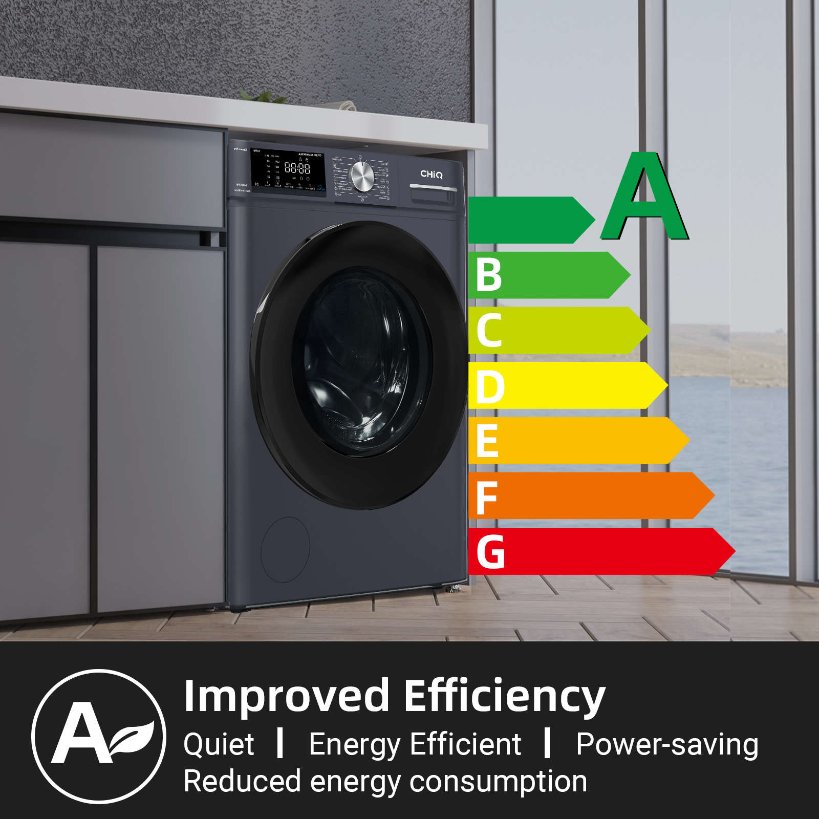 Une machine à laver sombre avec une étiquette d'efficacité énergétique A. A, B, C, D, E, F, G sont affichés.