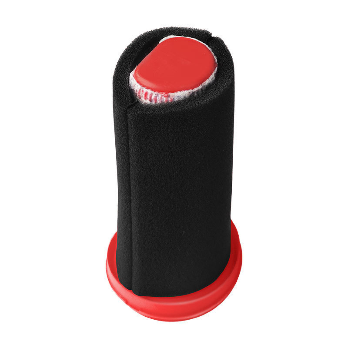 Een zwart schuimfilter met rode dop en bodem.
