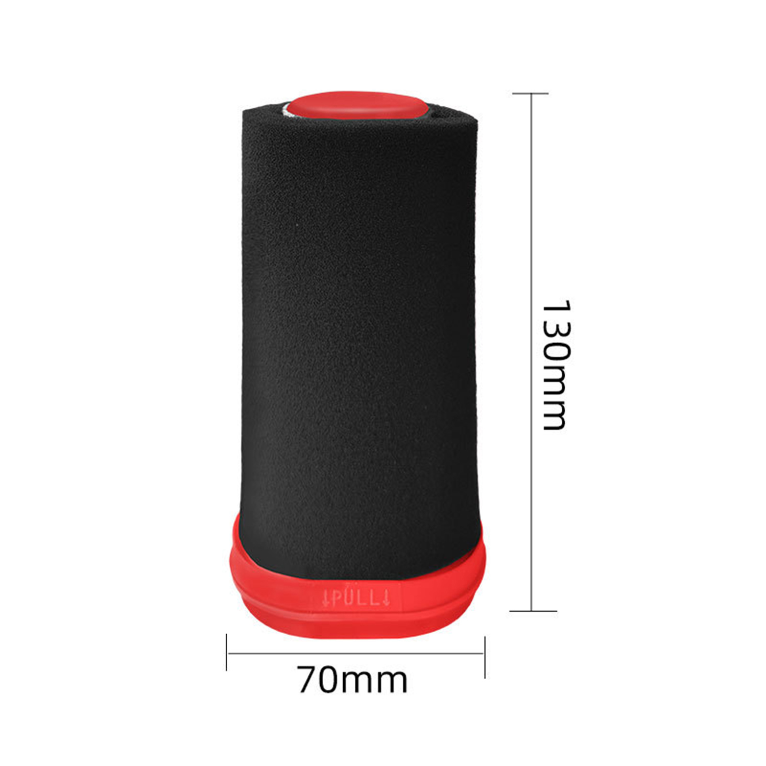 Zwarte schuimcilinder met rode doppen, 130mm hoog, 70mm breed.