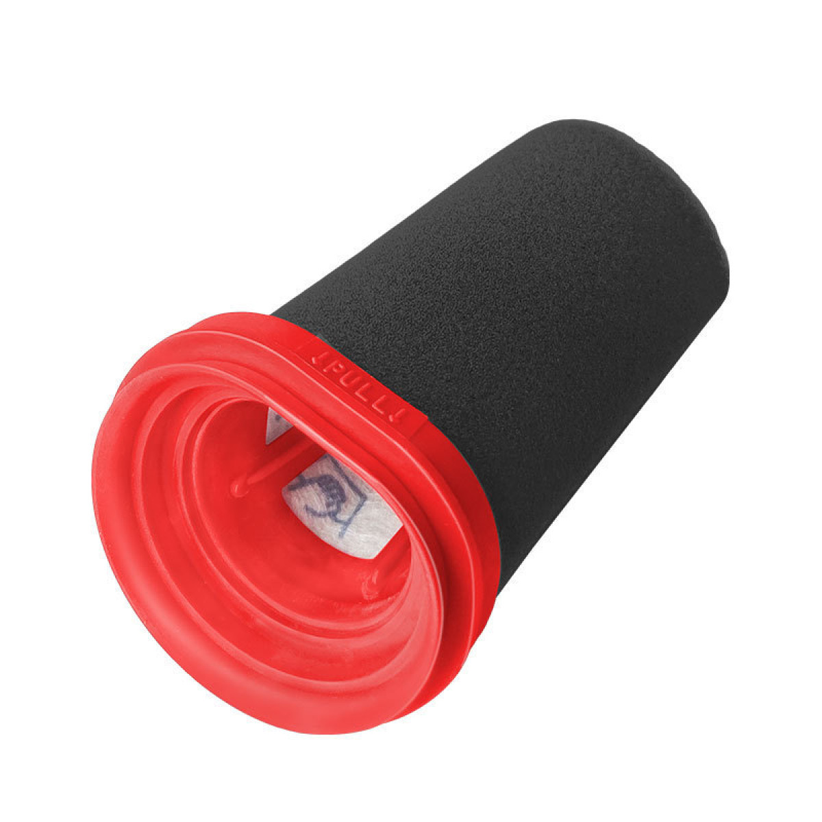 Een zwart schuimfilter met een rode rubberen afdichtingseind met FULLY erop.