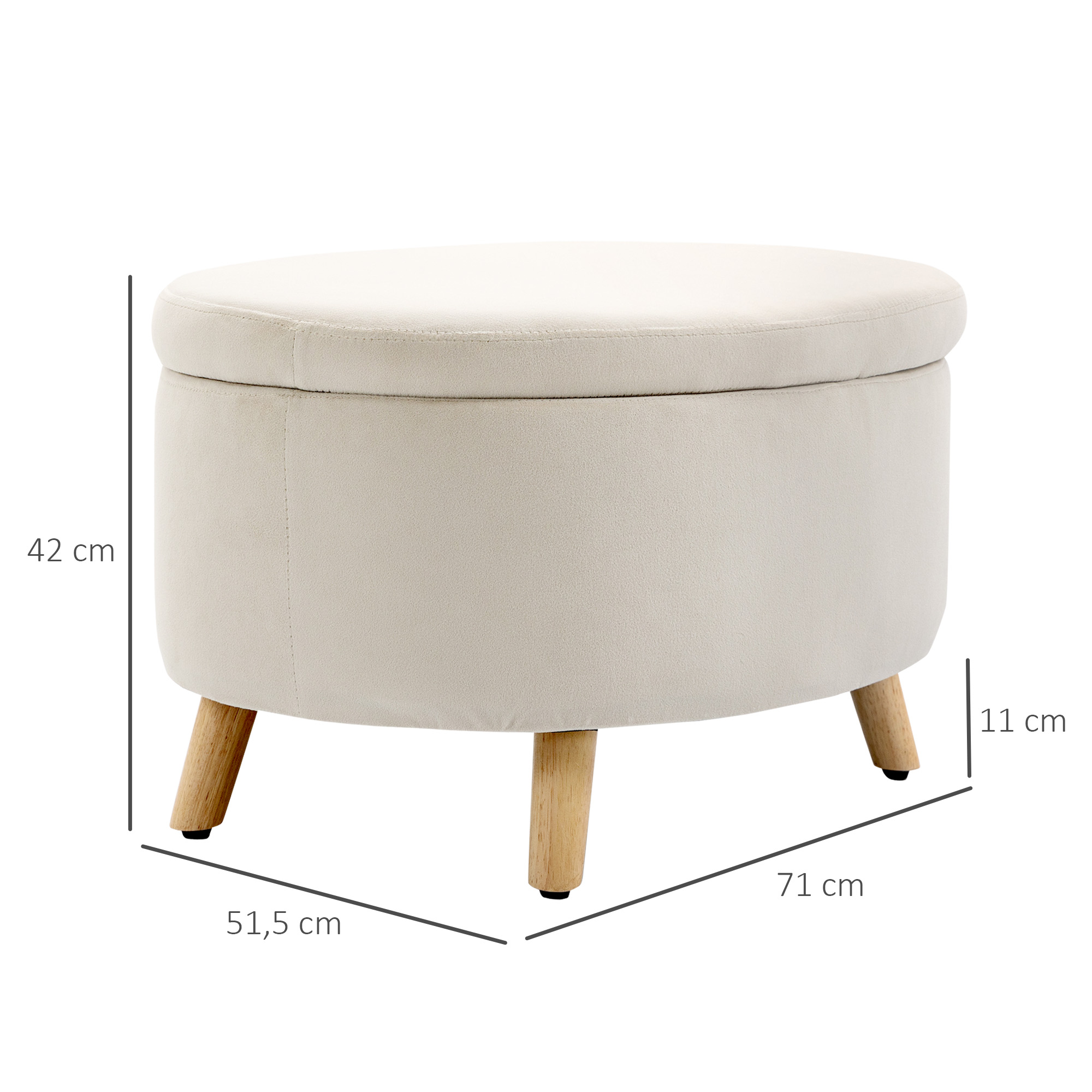 Un otomana redonda color crema con cuatro patas de madera, se muestran las medidas.