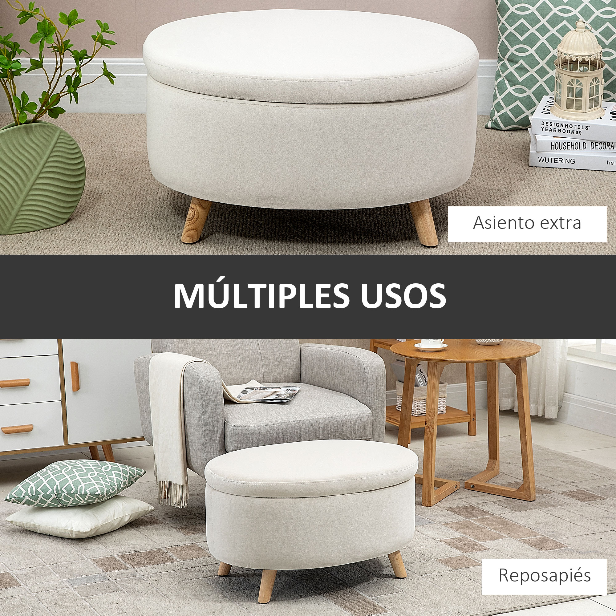 Un otomana de color claro con patas de madera se muestra en una habitación.