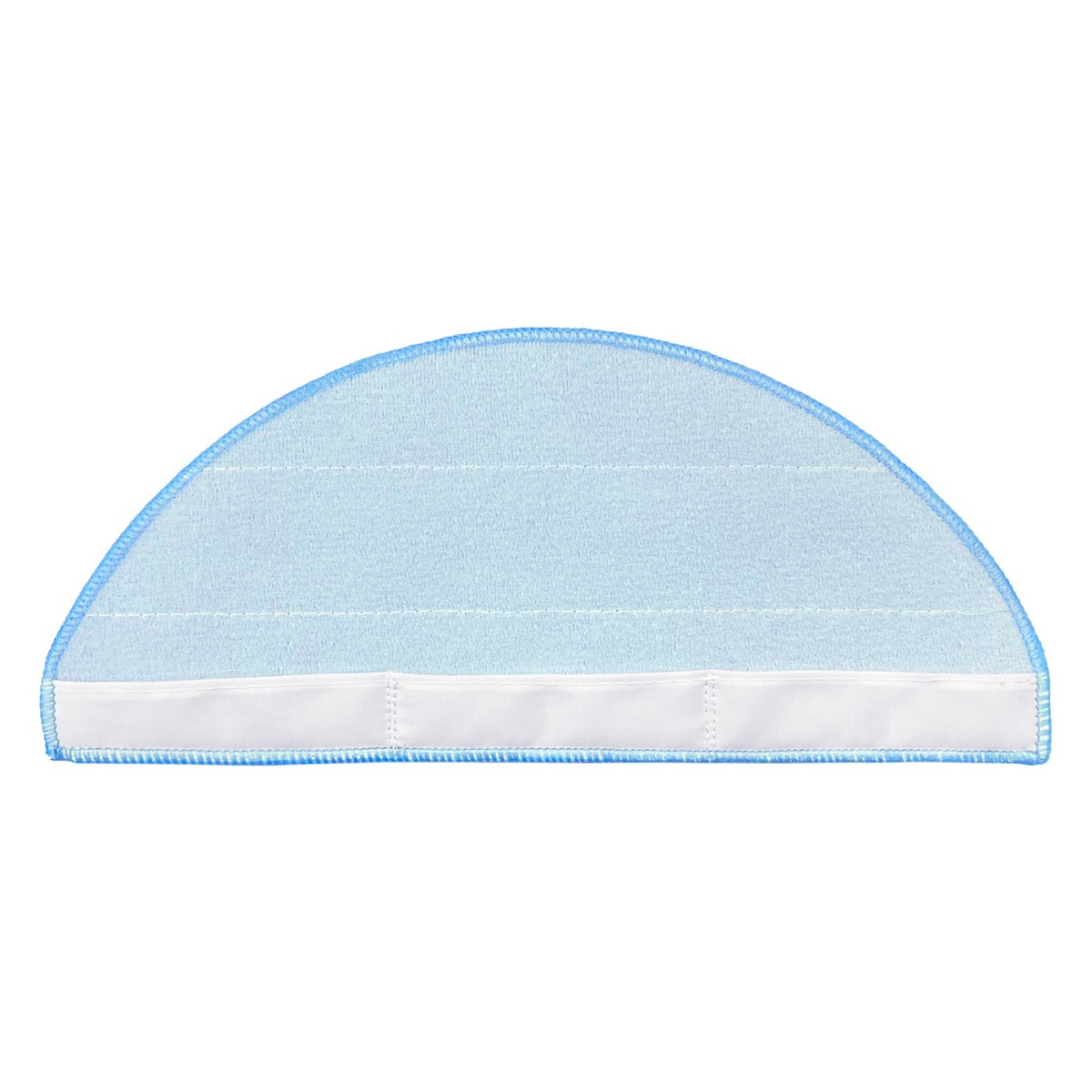 Un tampon de nettoyage bleu clair, semi-circulaire, avec bandes de fixation blanches.