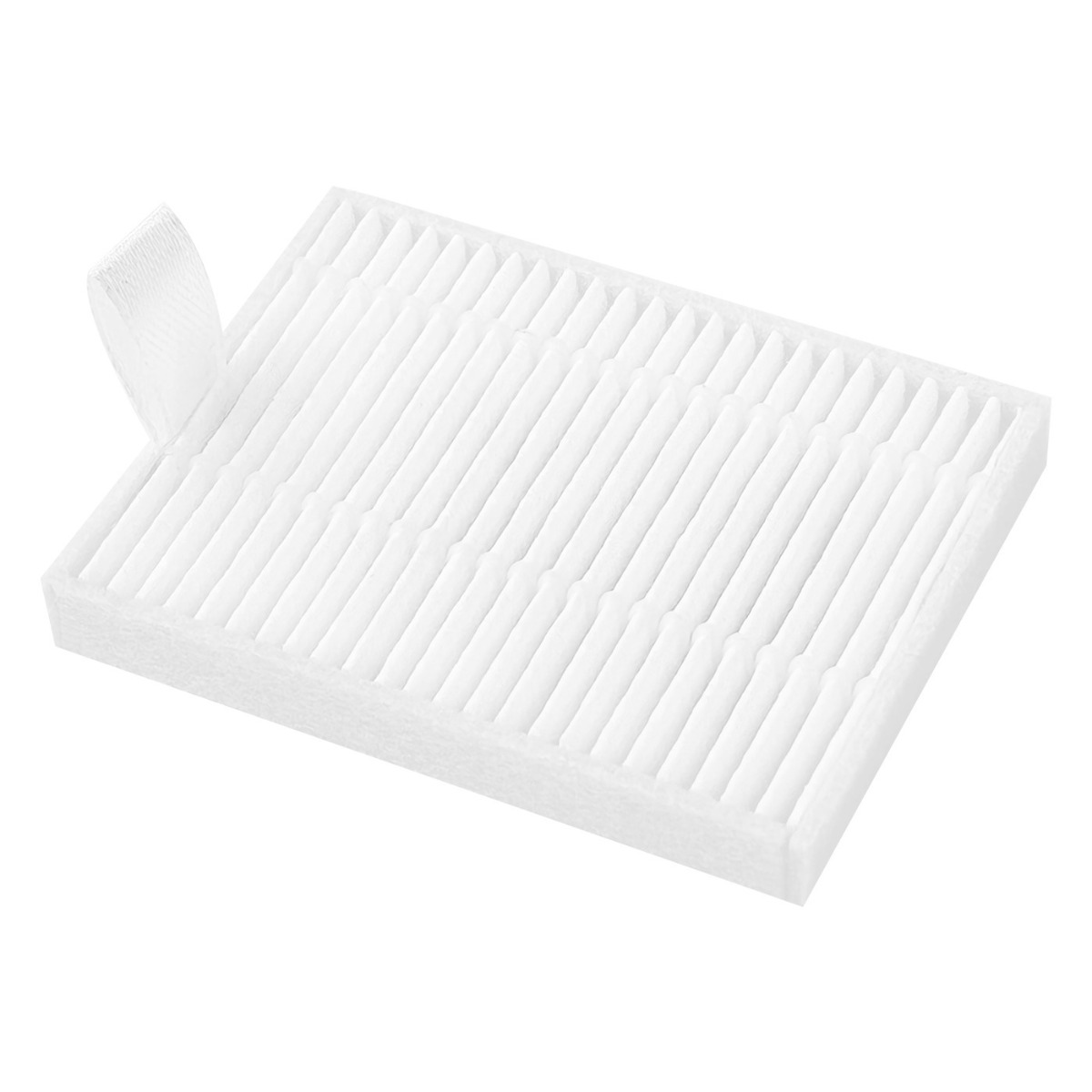 Un filtre à air blanc plissé avec une languette sur le côté gauche.