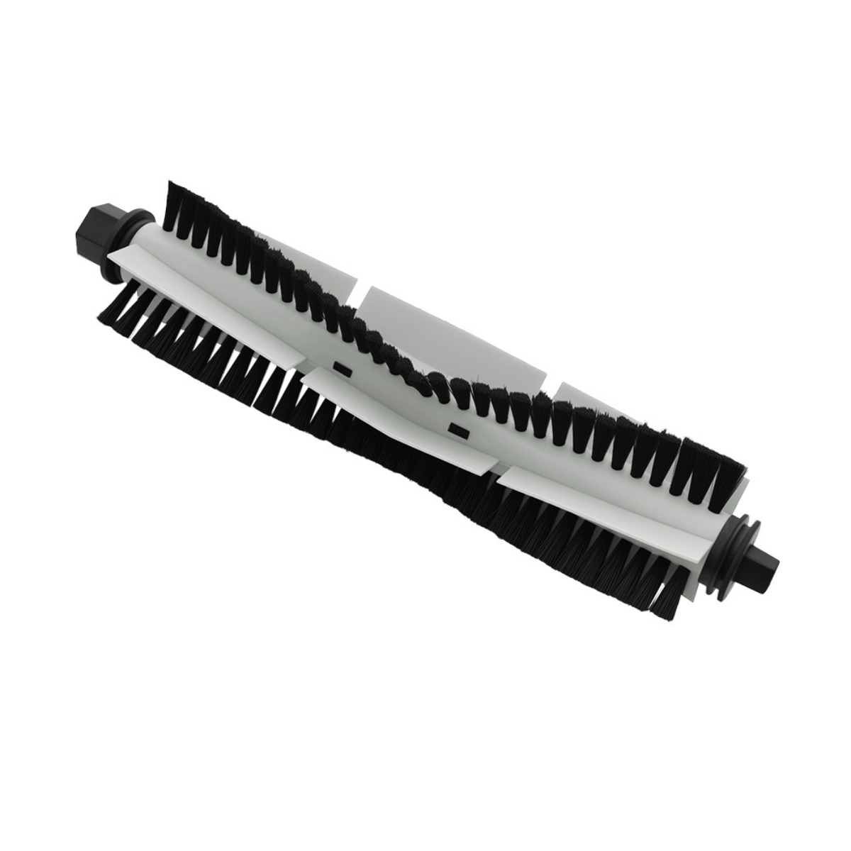 Une tête de brosse d'aspirateur noire avec des éléments blancs et noirs.