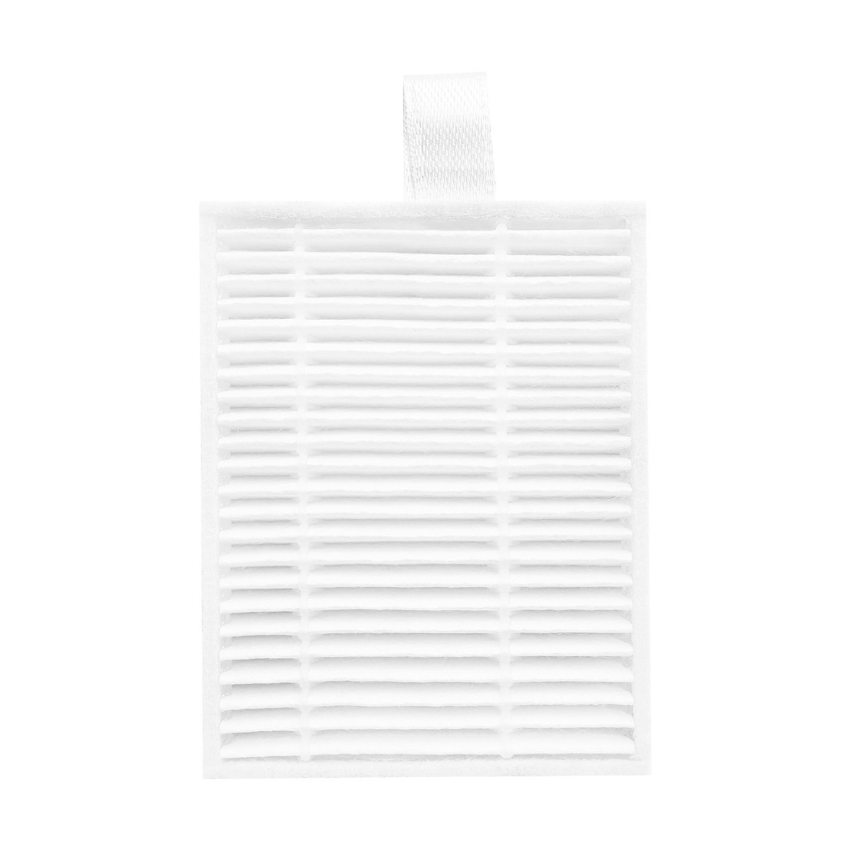 Un filtre rectangulaire blanc avec des lamelles et une languette.