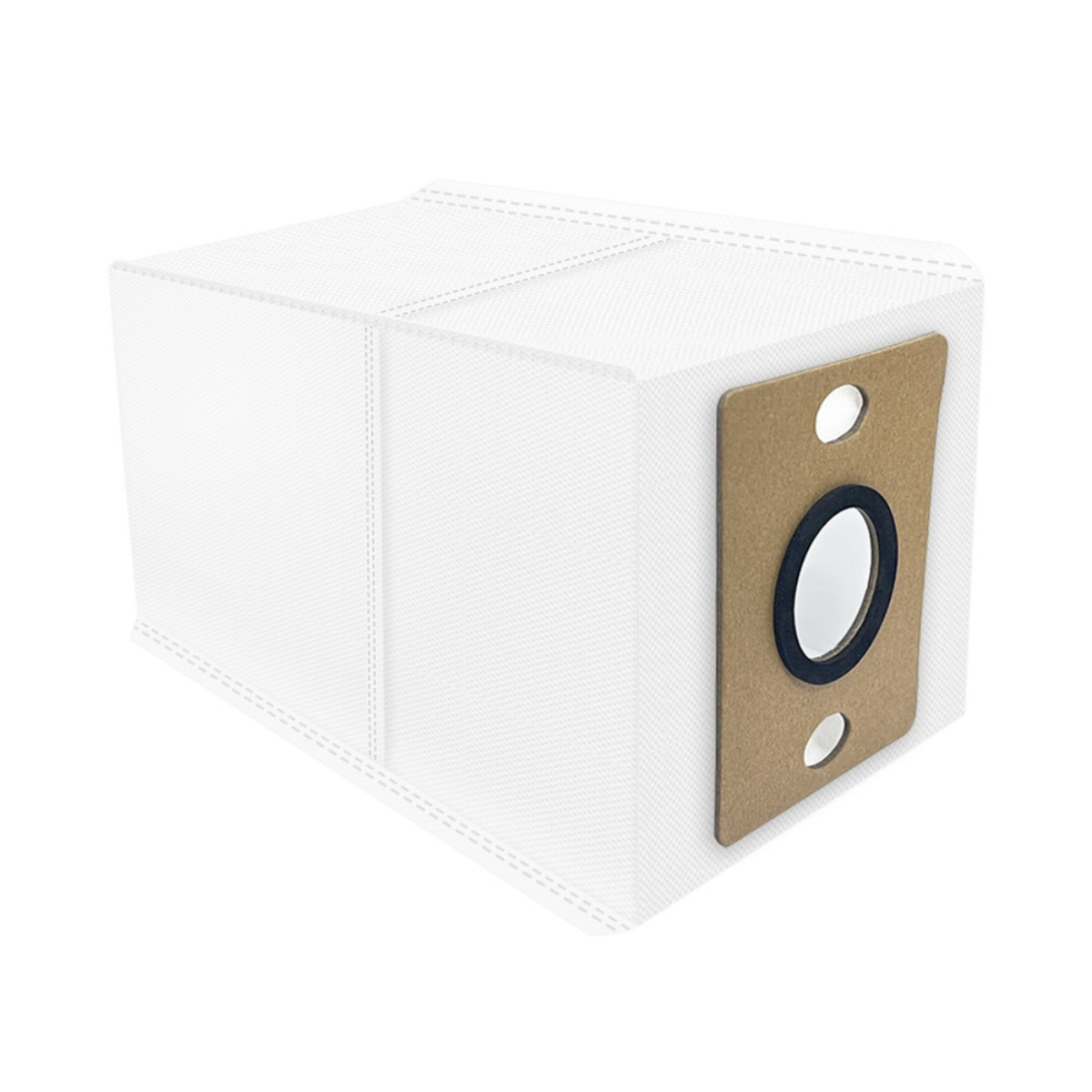 Sac d'aspirateur blanc avec support marron et anneau noir.