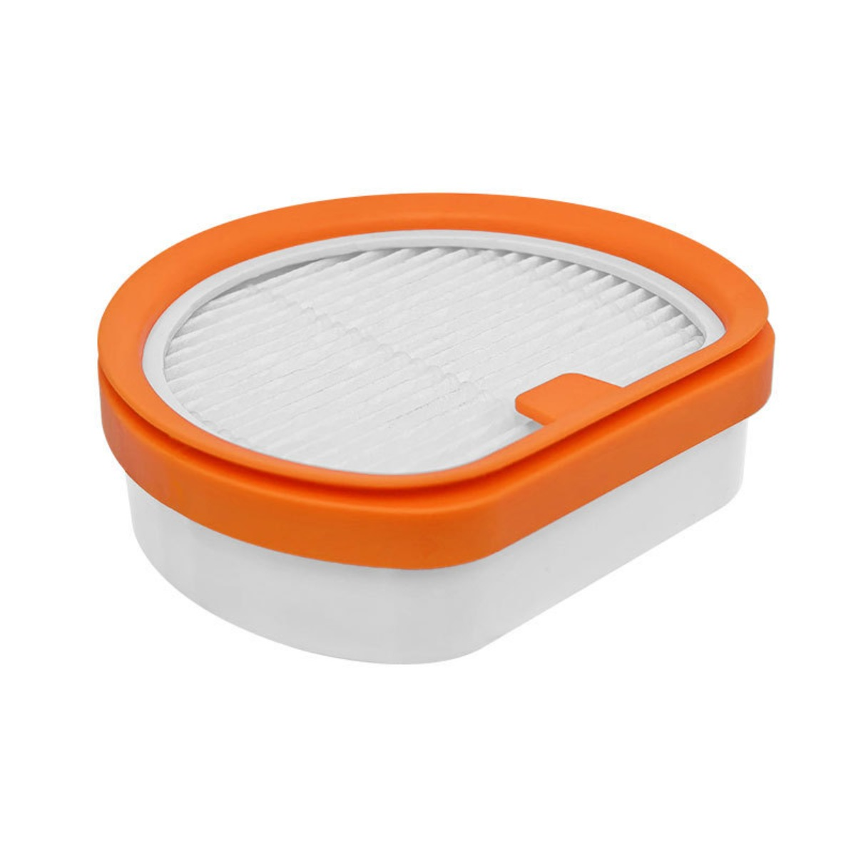 Un filtre blanc avec un bord et une poignée orange sur fond blanc.