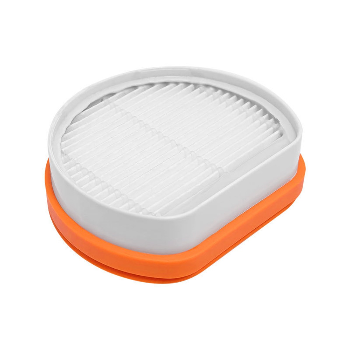 Un filtre blanc avec un bord orange sur fond blanc.