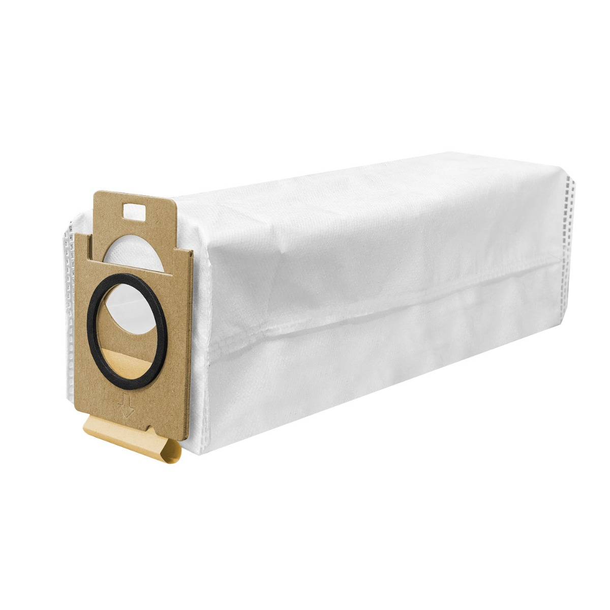 Un sac d'aspirateur blanc avec support en carton marron et joint en caoutchouc noir.