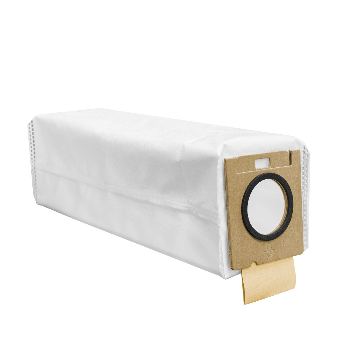 Un sac aspirateur blanc avec connecteur marron et joint noir.