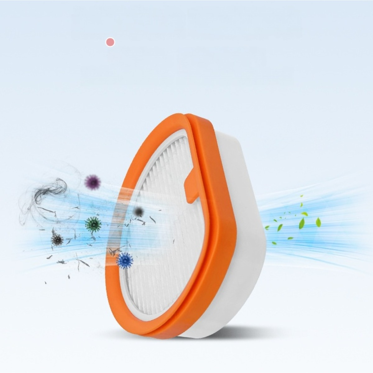 Un filtre d'aspirateur orange avec des particules le traversant.